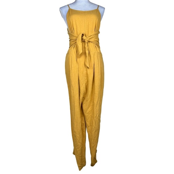 Paper Crane Yellow Linen Jumpsuit, Tie Front Jumper Size Large, Mustard Yellow - Picture 2 of 14